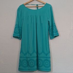 Teal Embroider Shift Dress Flowy Boho Hippie Whimsi Twee Spring Summer Colorful